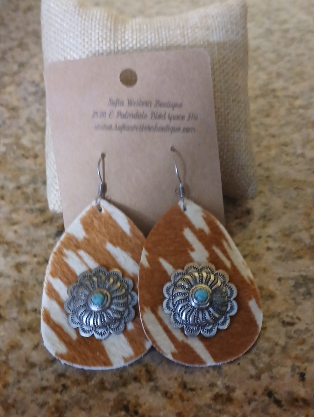 Genuine Cowhide Teardrop Earrings with Silver Concho and Turquoise Accent